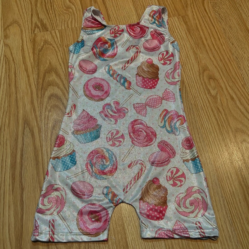 Girls Candy‎ Sweets Print Glitter Gymnastics Biketard Unitard Size 130 Pink Blue